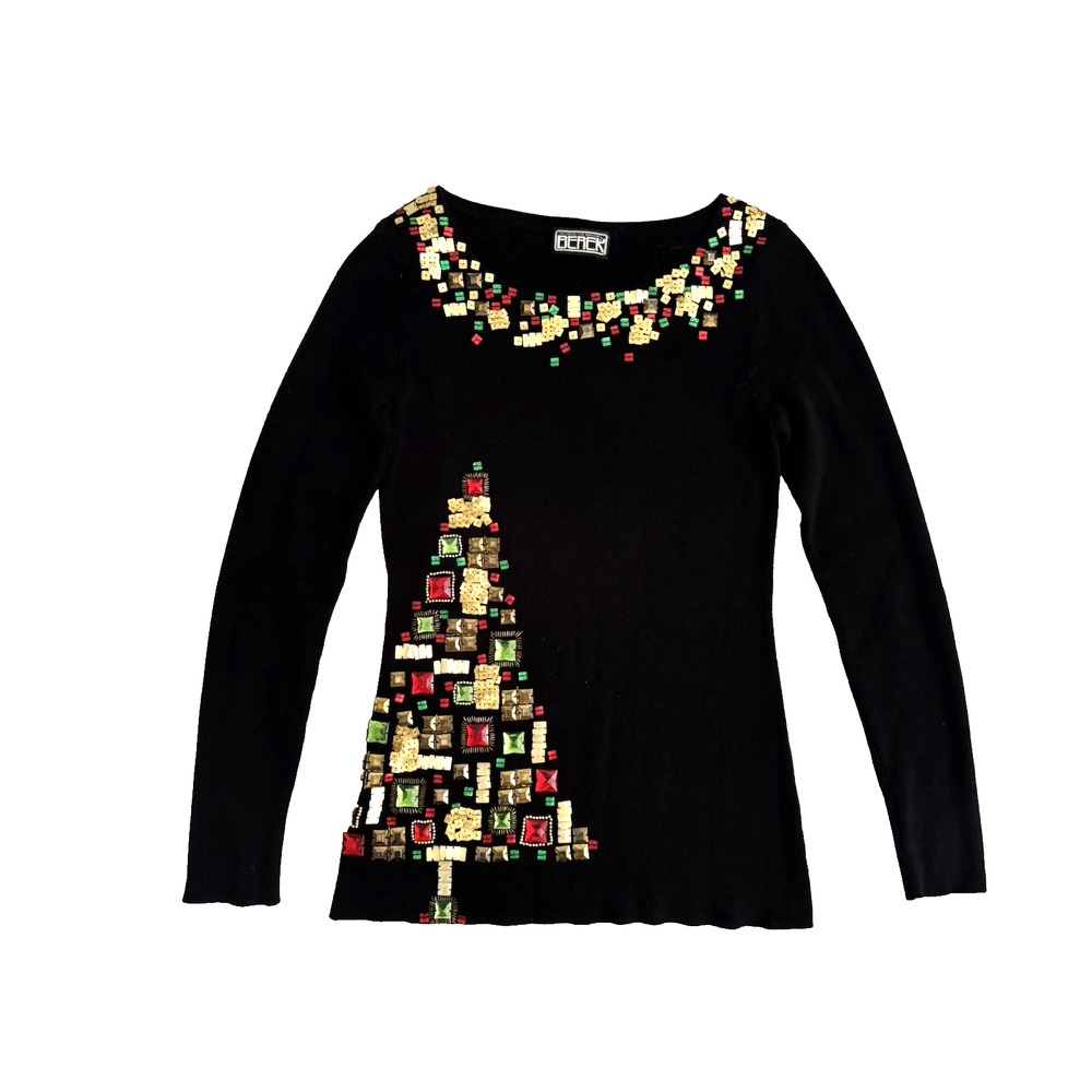 Vintage Berek Christmas Sweater M Black Knit Red Green Gold Rhinestone Tree
